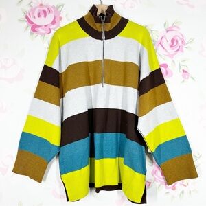 NEW Free People Coastal Stripe Olive Lime Combo Pullover Knit Sweater L